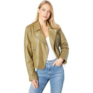 Avec Les Filles Cropped Jacket Small Womens Olive Faux Leather Biker Zip Close